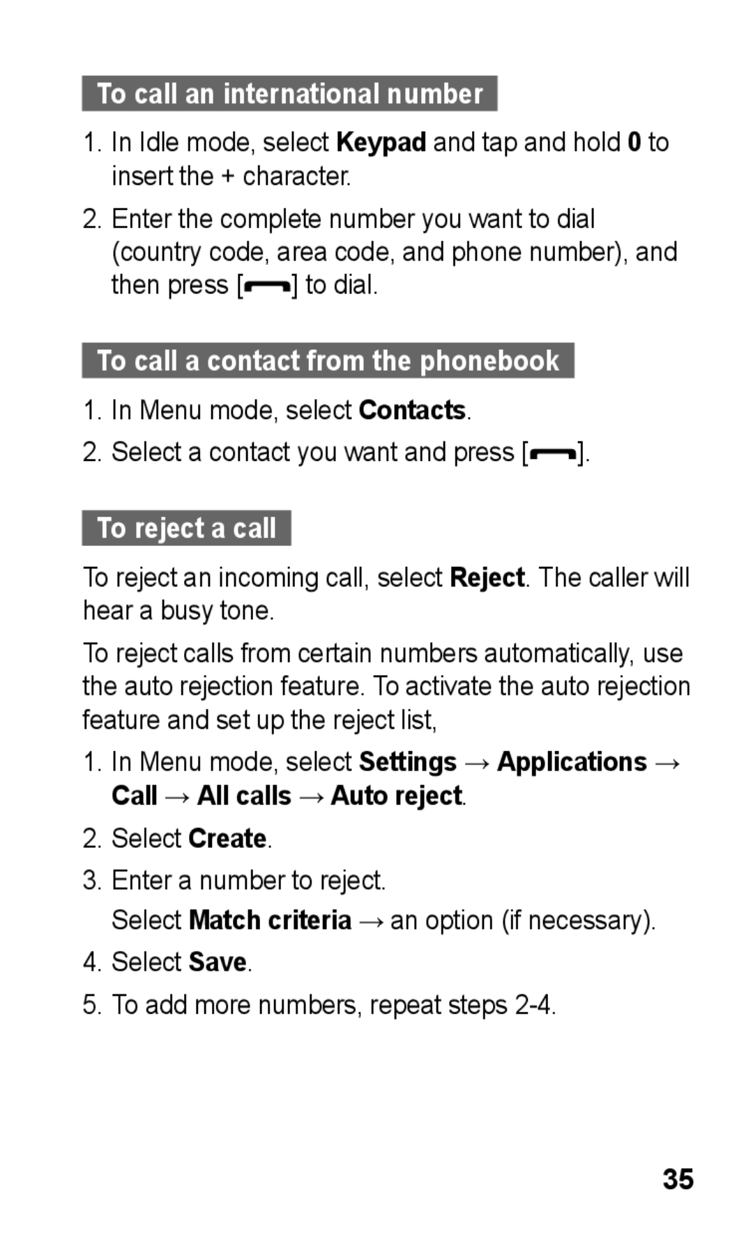 Samsung GT-S5260OKPFTM manual To call an international number, To call a contact from the phonebook, To reject a call 